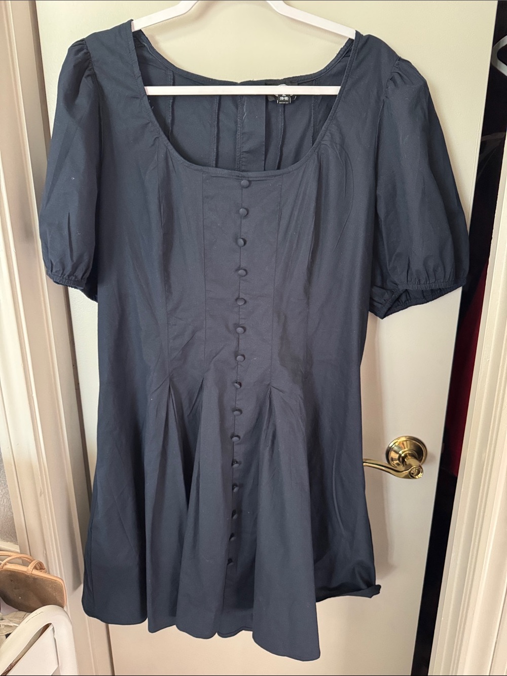 Scoop Women’s Button Front Mini Dress with Puff Sleeves, Navy
